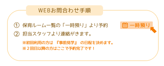 WEBお問合わせ手順 1.保育ルーム一覧の「一時預り」より予約　2.担当スタッフより連絡がきます。初回利用の方は『事前見学』の日程を決めます。２回目以降の方はここで予約完了です！